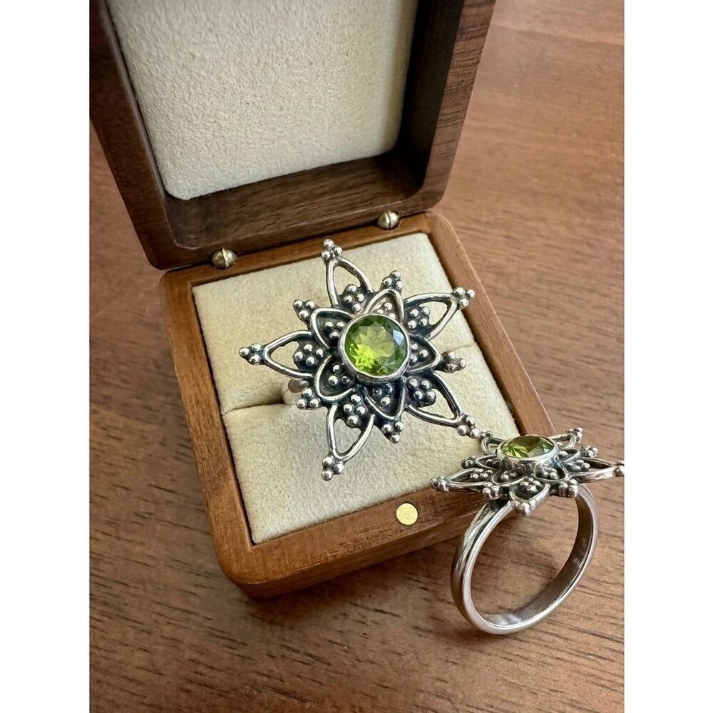 Bohemian Celestial Peridot Statement Ring Intricate Silver Starburst Design Sz 6